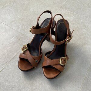 Vince Camuto Tan/Brown Genuine Leather Wooden Block Heels